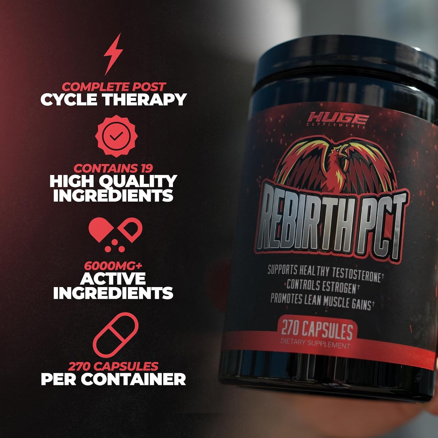 Rebirth PCT Supplement for Men, Most Stacked & Complete Post Cycle Therapy Formula - Science-Backed Ingredients & Optimal Dosages, Supercharge Recovery & Maintain Gains from Your Cycle (270 Capsules)
