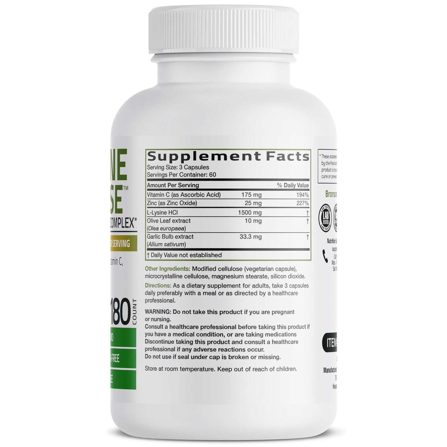 Bronson L-Lysine Defense Immune Support Complex, 1500 mg, 90 Capsules | Essential Amino Acid with Olive Leaf, Garlic, Vitamin C & Zinc, Vegetarian, Non-GMO, Gluten-Free & Soy-Free