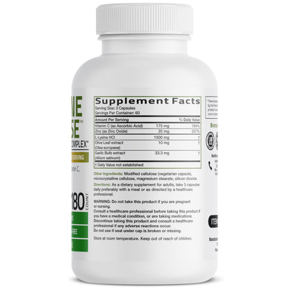 Bronson L-Lysine Defense Immune Support Complex, 1500 mg, 90 Capsules | Essential Amino Acid with Olive Leaf, Garlic, Vitamin C & Zinc, Vegetarian, Non-GMO, Gluten-Free & Soy-Free