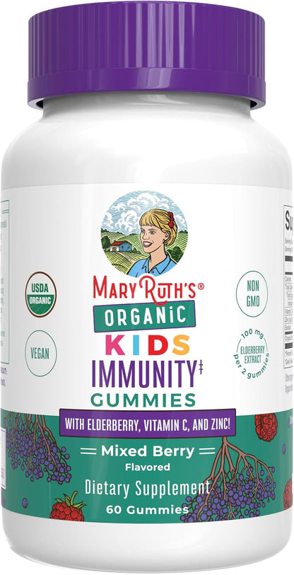 MARYRUTH'S Organics Kids Immune Support Gummies | USDA Organic | Vitamin C, Zinc, and Elderberry Gummies for Kids| Immune Support for Ages 4+ | Vegan | Non-GMO | Gluten Free | 60 Count