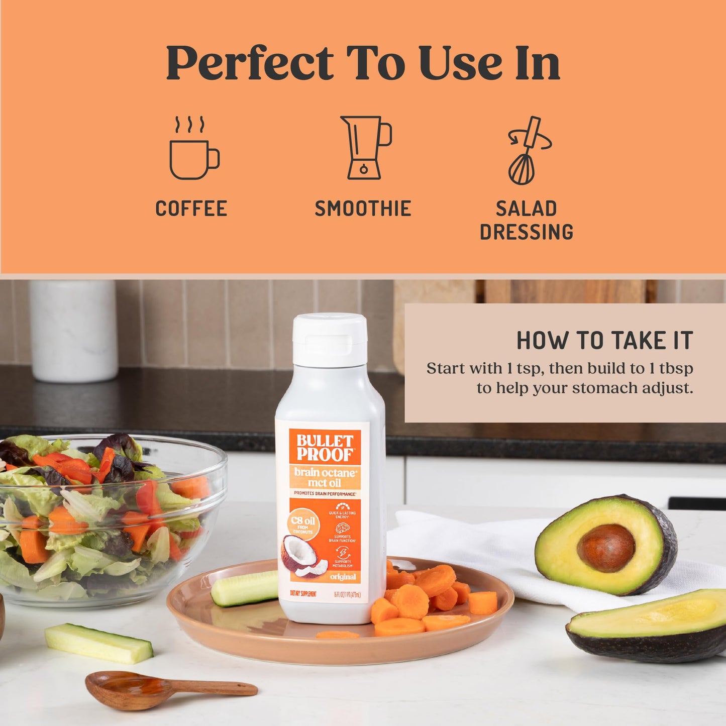 Bulletproof Brain Octane C8 MCT Oil, 16 oz – 100% Pure Coconut Oil, Triple-Distilled Keto Energy Supplement for Coffee & Smoothies, Unflavored, No Additives or Fillers, Non-GMO