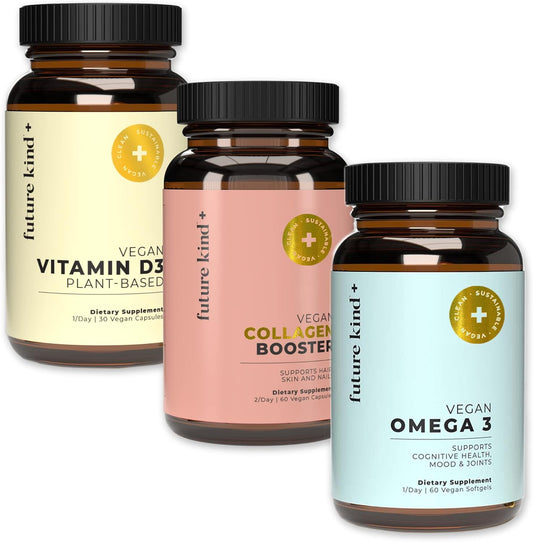 Future Kind - The Glow Getter Bundle - Vegan Collagen Booster Supplement - Vegan Vitamin D3 - Vegan Omega 3