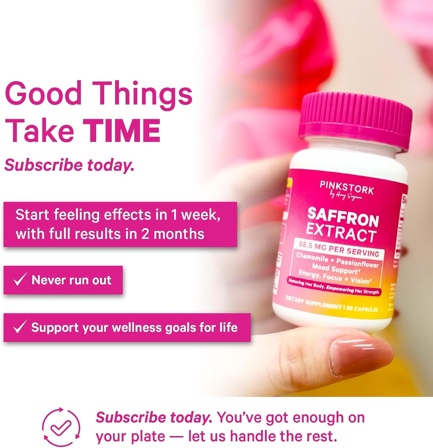 Pink Stork Saffron Extract for Mood Balance for Women, 30 Capsules | 88.5mg Saffron with Chamomile & Passionflower, Stress, Calm + Cortisol Support, Emotional Wellness + Hormonal Mood Balance