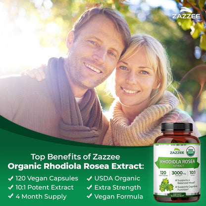 Zazzee USDA Organic Rhodiola 10:1 Extract, 120 Capsules, 4 Month Supply, Rhodiola Rosea, Energy, Stress & Mental Focus Support, Concentrated 10X Extract, All-Natural, Non-GMO, Made in the USA