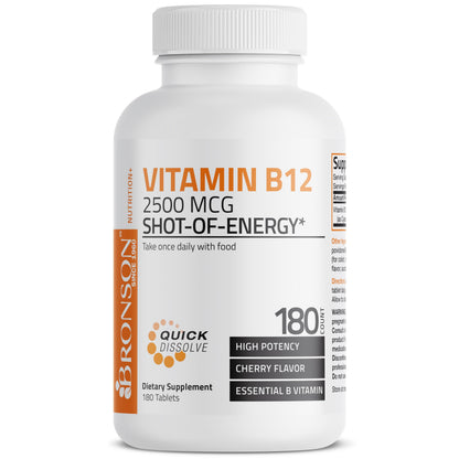 Vitamin B12 2500mcg Shot of Energy Fast Dissolve Chewable Tablets - Quick Release Cherry Flavored Sublingual B12 Vitamin - Supports Nervous System, Healthy Brain Function Energy Production – 90 Count
