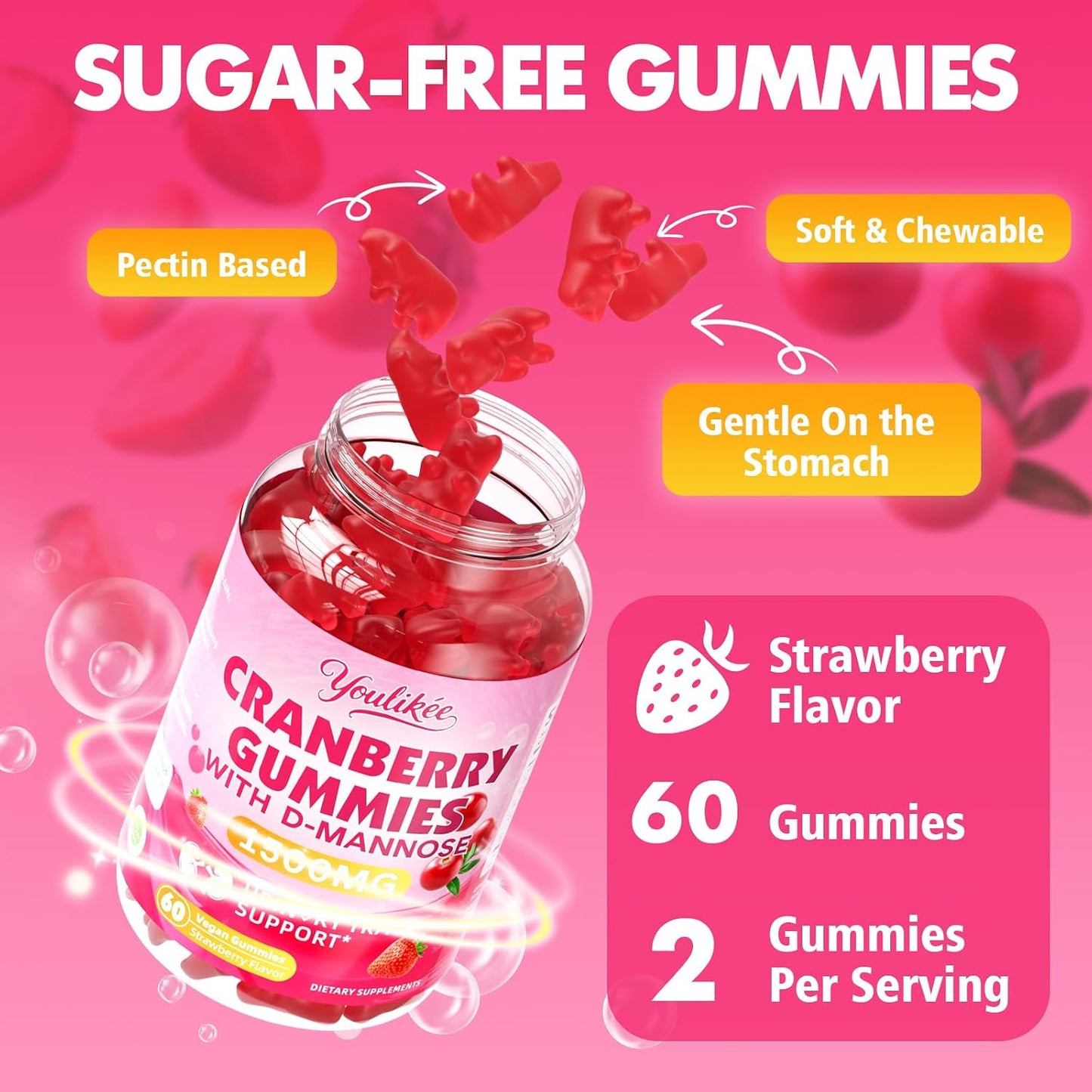 Vegan Cranberry Gummies 1500mg with D Mannose, Strawberry Flavor, 60 Count | Supports Urinary Tract Health for Women & Men, Sugar-free, Non-GMO and Gluten Free