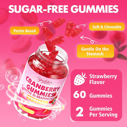 Vegan Cranberry Gummies 1500mg with D Mannose, Strawberry Flavor, 60 Count | Supports Urinary Tract Health for Women & Men, Sugar-free, Non-GMO and Gluten Free