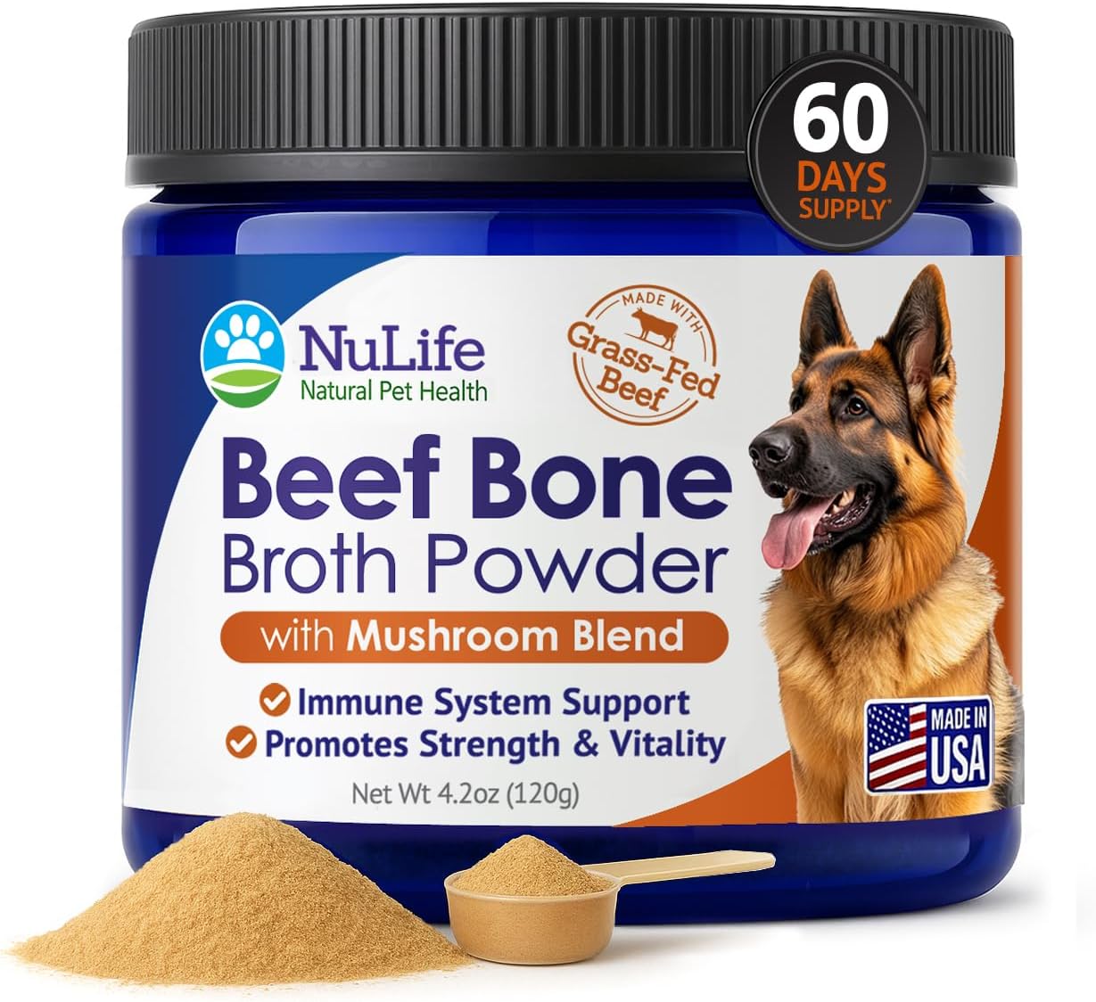 Grass-Fed Beef Bone Broth Powder for Dogs - Rich in Protein & Collagen, Enhanced with Mushroom Blend for Strong Bones, Joint Flexibility, Digestive Comfort & Immune Support - Made in USA - 4.2oz