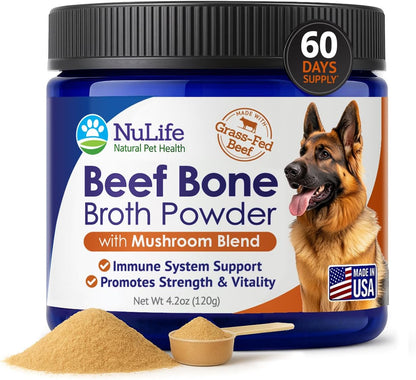 Grass-Fed Beef Bone Broth Powder for Dogs - Rich in Protein & Collagen, Enhanced with Mushroom Blend for Strong Bones, Joint Flexibility, Digestive Comfort & Immune Support - Made in USA - 4.2oz