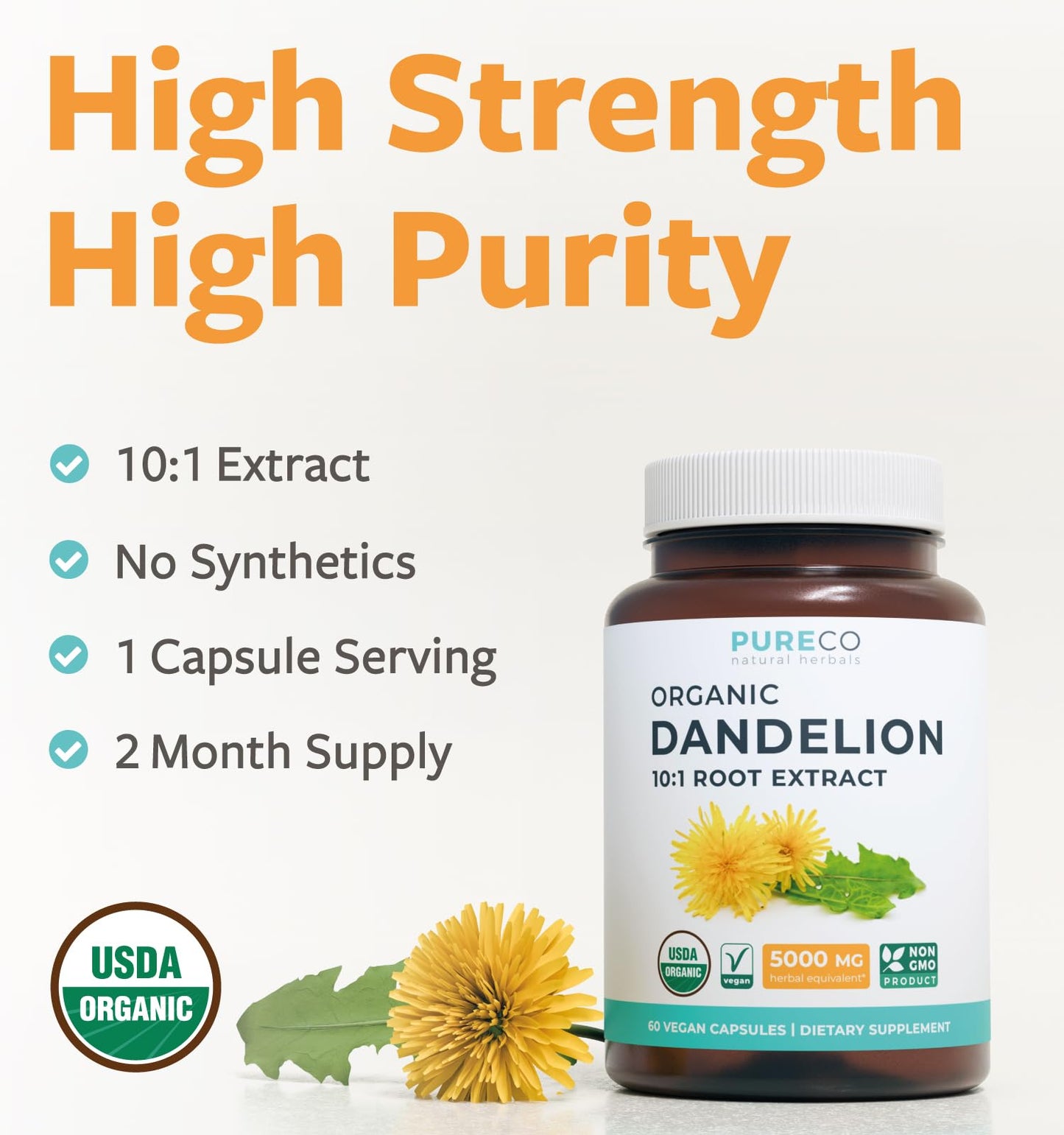 USDA Organic Dandelion Root Extract - High Potency 10:1 Dandelion Root Supplement with 5000mg Herbal Equivalent Strength for Liver Cleanse Detox & Repair Support - Vegan & Non-GMO (2 Month Supply)