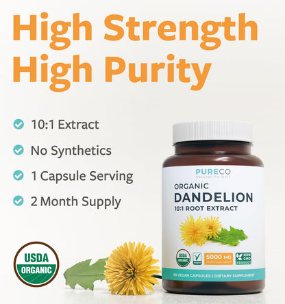 USDA Organic Dandelion Root Extract - High Potency 10:1 Dandelion Root Supplement with 5000mg Herbal Equivalent Strength for Liver Cleanse Detox & Repair Support - Vegan & Non-GMO (2 Month Supply)
