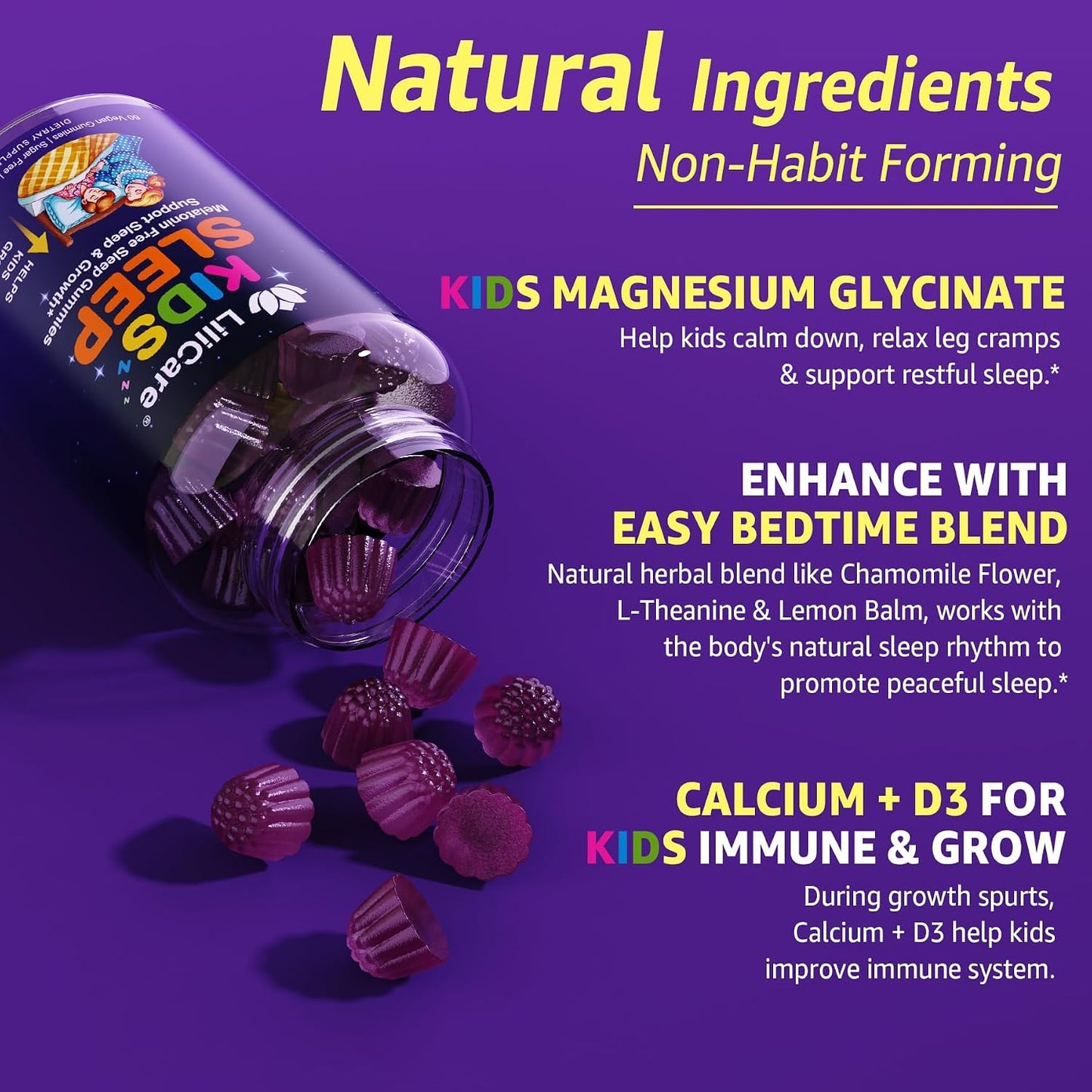 Kids Sleep Gummies - Magnesium Glycinate Gummies, Melatonin Free Sleep Aid | Magnesium, Calcium, D3, B6, L Theanine | Kid Melatonin Alternative for Restful Sleep (Pack of 1)