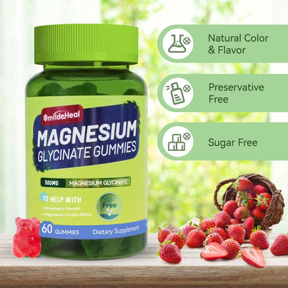 Magnesium Glycinate Gummies 500mg with L-Threonate 300mg - Sugar-Free Magnesium Potassium Supplement with Vitamin D, B6, CoQ10 - Strawberry Flavored - 60 Gummies