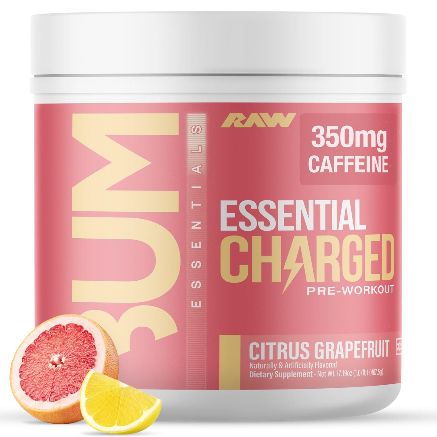 RAW Pre-Workout Powder, Essential CHARGED (Sour Watermelon) - Preworkout Supplement for Men & Women - Supports Focus, Mood & Performance - Caffeine, Alpha-GPC, L-Citrulline, Beta Alanine (25 Servings)