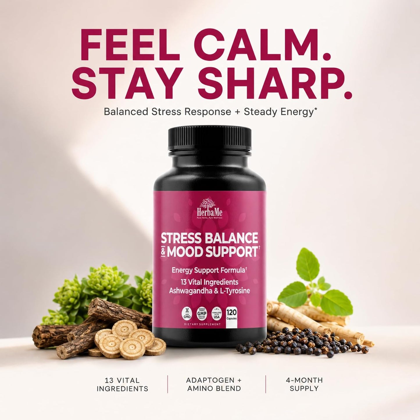 HerbaMe Stress & Mood Support Supplement with Ashwagandha & L-Tyrosine, Energy & Focus Formula, Helps Maintain Balanced Stress Response, 120 Capsules
