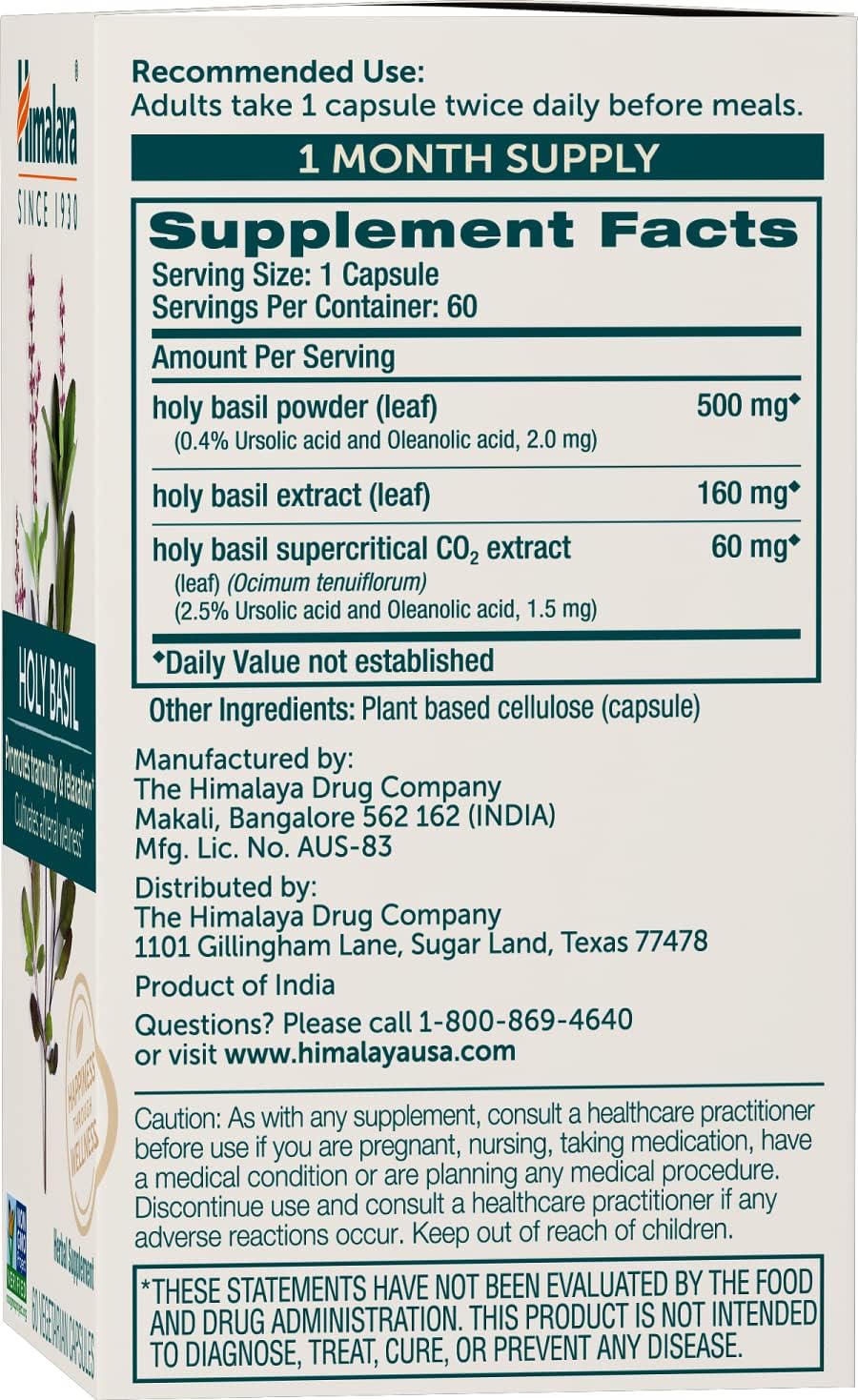 Himalaya Holy Basil Supplement, Reduce Cortisol, 720mg, 60 Capsules