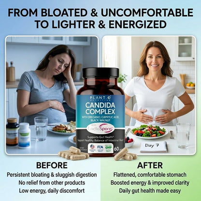 Candida Cleanse Supplement & Yeast Support with Probiotics (LactoSpore®), Oregano Oil, Caprylic Acid, Black Walnut – Advanced Gut Health, Digestive Enzymes, pH Balance for Women and Men – 60 Capsules