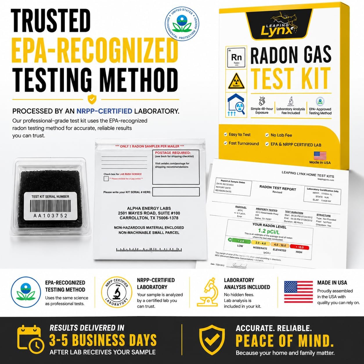 EPA-Approved Radon Test Kit for Home, Lab Analysis Included | Detects Radon Gas Levels in Basements & Living Spaces | Easy-to-Use Air Quality Test with Lab Report & Discounted Shipping| Radon Detector