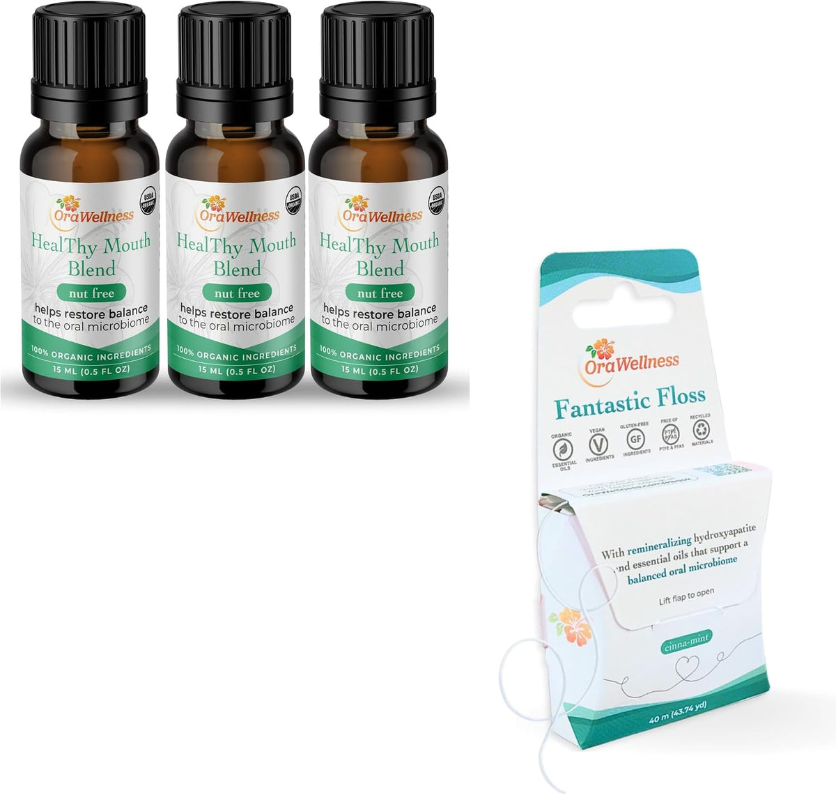 OraWellness Nut Free Healthy Mouth Blend Tooth Oil 3 Pack + Fantastic Floss Waxed Dental Floss with Hydroxyapatite for Tooth & Gum Repair