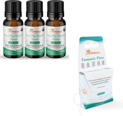 OraWellness Nut Free Healthy Mouth Blend Tooth Oil 3 Pack + Fantastic Floss Waxed Dental Floss with Hydroxyapatite for Tooth & Gum Repair