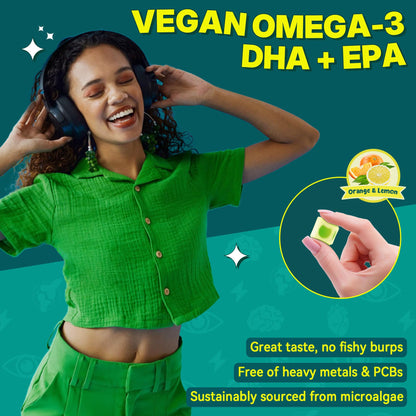 Vegan Omega-3 Gummies for Adults, Fish Oil Alternative from Algae Oil, Plant Based DHA 460mg & EPA 230mg Plus MethylFolate, Vitamin B12, Phosphatidylserine, No Fishy Taste, Vegan, Sugar Free, 60 Cts