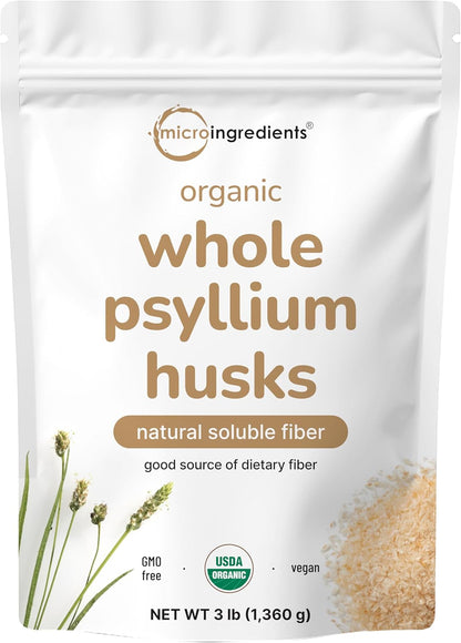 Micro Ingredients Organic Whole Psyllium Husks, 3lbs | Daily Soluble Fiber Supplement | Sourced from India | Ideal for Oatmeal, Coffee & Beverage | Unflavored, Non-GMO, Keto Friendly, Vegan
