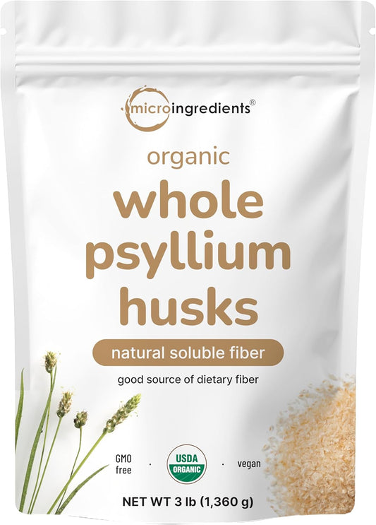 Micro Ingredients Organic Whole Psyllium Husks, 3lbs | Daily Soluble Fiber Supplement | Sourced from India | Ideal for Oatmeal, Coffee & Beverage | Unflavored, Non-GMO, Keto Friendly, Vegan