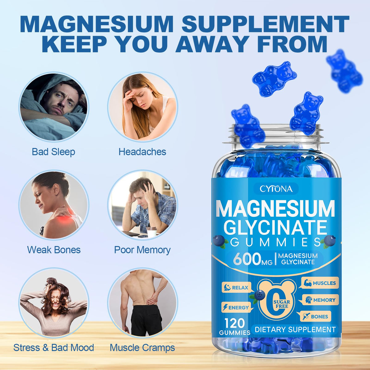 Magnesium Glycinate Gummies 600mg, Sugar Free Magnesium Gummies for Adults