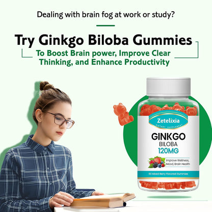 Ginkgo Biloba Gummies for Women and Men, Brain Supplement Improve Better Mood and Focus, Vegan Mixed Berry Flavor 60 Count