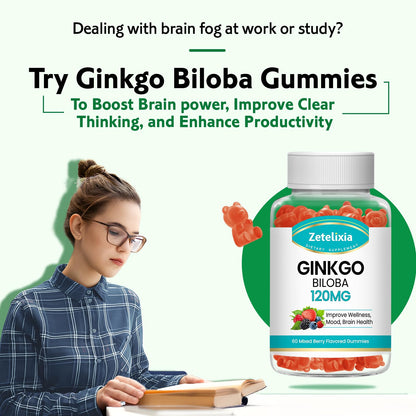 Ginkgo Biloba Gummies for Women and Men, Brain Supplement Improve Better Mood and Focus, Vegan Mixed Berry Flavor 60 Count