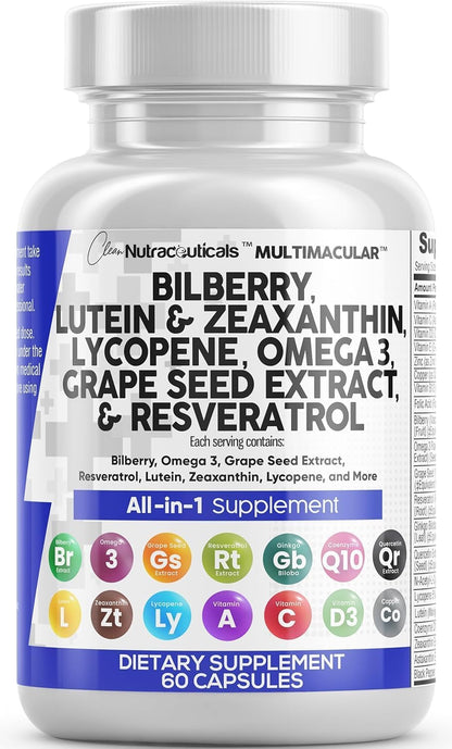 Clean Nutra Eye Vitamins with Bilberry Lutein and Zeaxanthin Supplements Lycopene 40mg Resveratrol Grape Seed Astaxanthin for Eyes - Eye Care Health Support Eye Vitamin and Mineral Supplement
