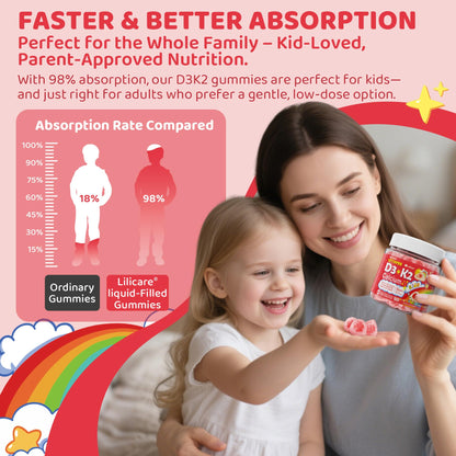 Vitamin D3 K2 + Calcium Liquid-filled Gummies for Kids & Teens, 1000IU / 2000IU D3 with Magnesium, Algal Omega 3, Kids Vitamins for Bones & Teeth, Calcium Absorption, Brain, Immune, Sugar-Free, 60Cts