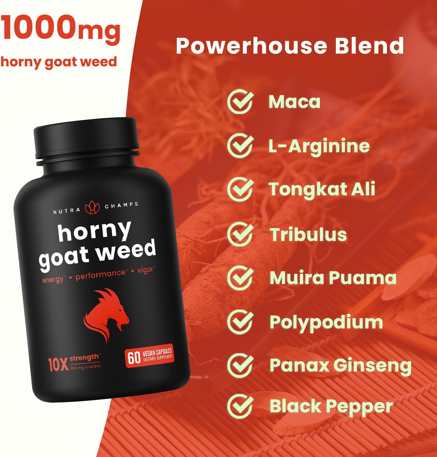 NutraChamps Horny Goat Weed, 1000mg Epimedium Energy Supplement, 10X Strength Icariin, Ginseng, Tribulus & Maca Pills for Women & Men, Enhanced Absorption with Black Pepper, 60 Vegan Capsules