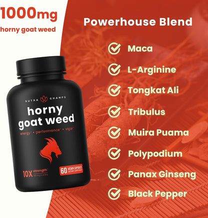 NutraChamps Horny Goat Weed, 1000mg Epimedium Energy Supplement, 10X Strength Icariin, Ginseng, Tribulus & Maca Pills for Women & Men, Enhanced Absorption with Black Pepper, 60 Vegan Capsules