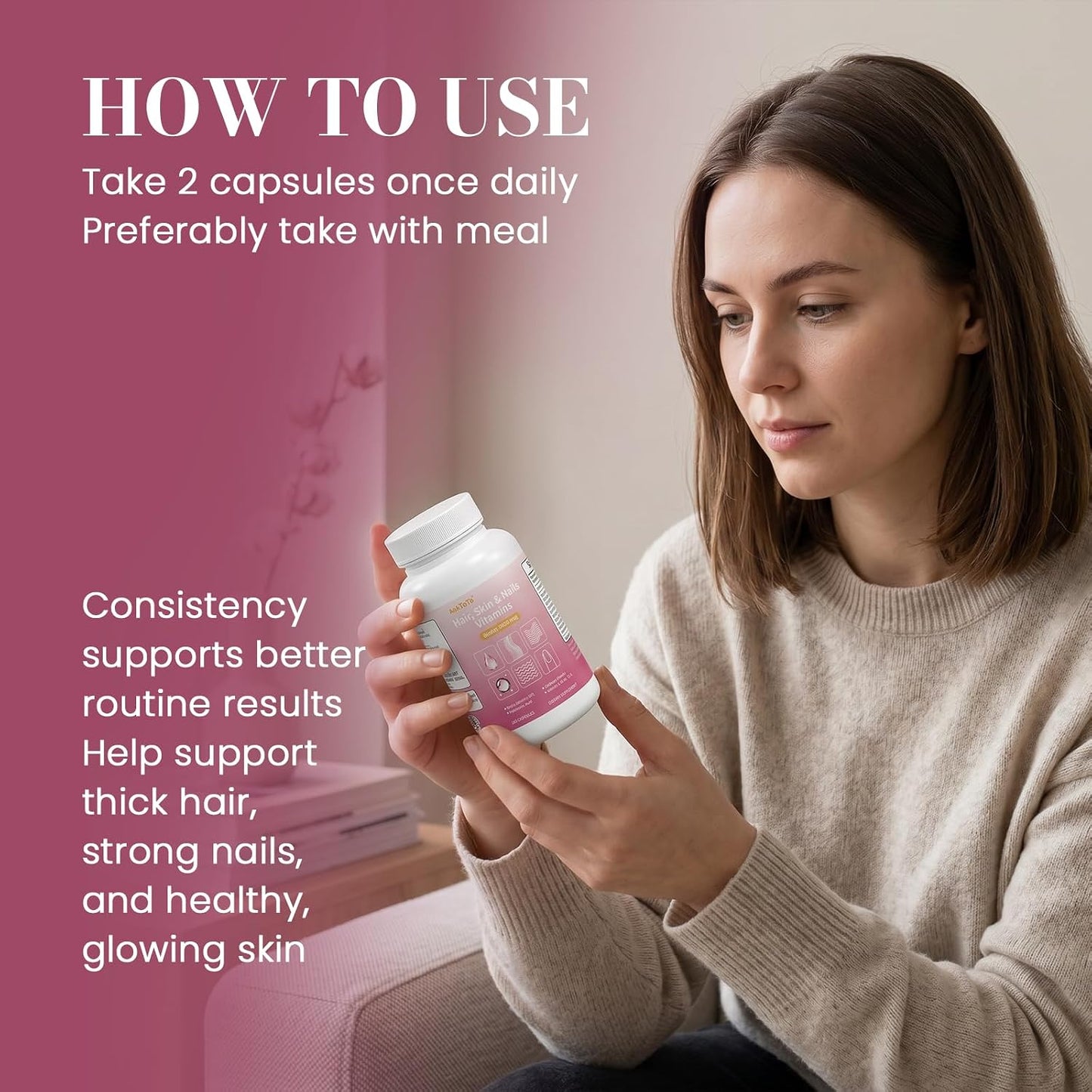 Hair Skin & Nails Vitamins Supplement for Women,with Biotin,Collagen Peptides,Hyaluronic Acid,Vitamin A, C, E, B5,B6,Support Skin Moisture and Suppleness,Hair and Nails Health,120 Capsules