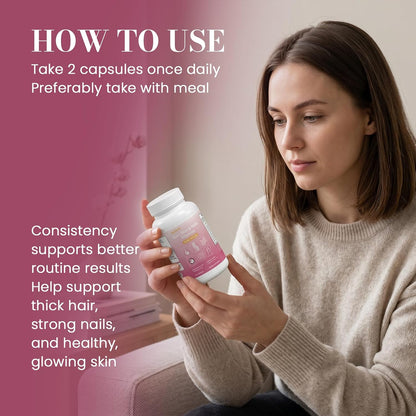 Hair Skin & Nails Vitamins Supplement for Women,with Biotin,Collagen Peptides,Hyaluronic Acid,Vitamin A, C, E, B5,B6,Support Skin Moisture and Suppleness,Hair and Nails Health,120 Capsules