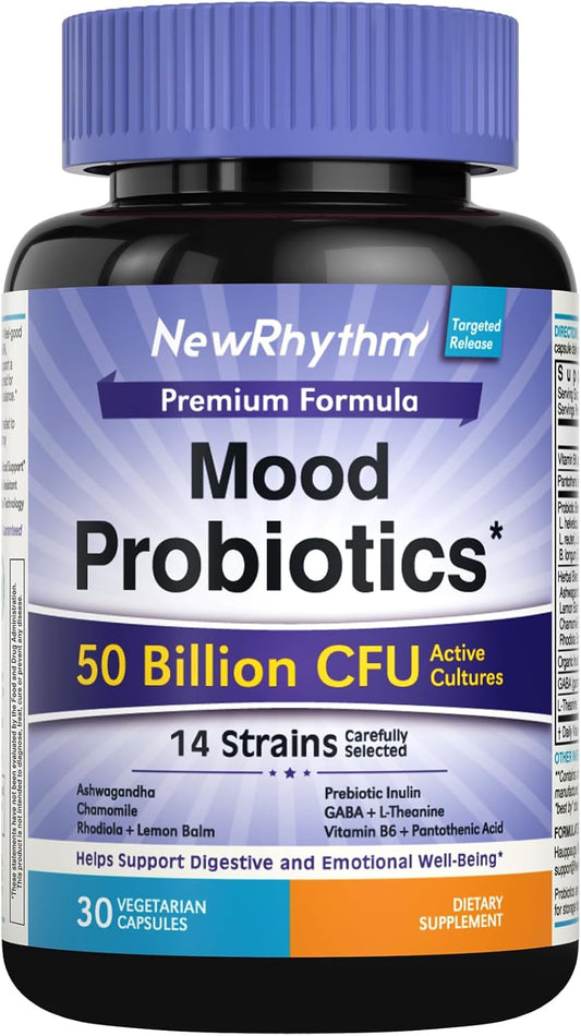 NewRhythm Mood Probiotics 50 Billion CFU, 14 Strains | Lactobacillus Helveticus, Prebiotic, Ashwagandha, GABA, L-Theanine, Vitamin B6 B5, Digestive & Mood Support, 30 Capsules