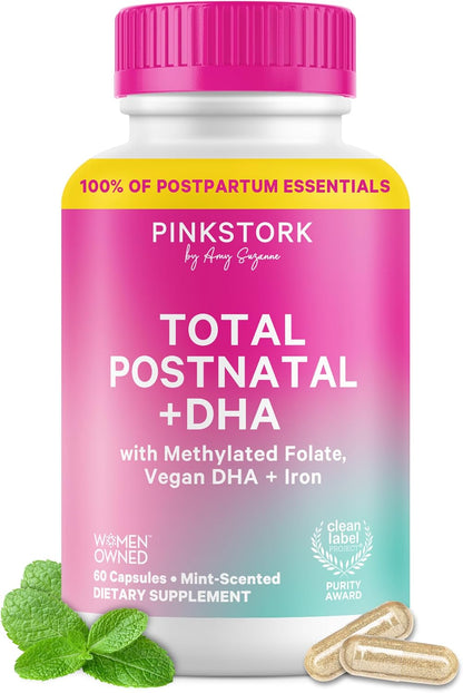 Pink Stork Total Postnatal Vitamins for Women, 60 Capsules, Mint | Vegan Algae DHA, Methylated Folate, Iron & B12, Postpartum Recovery & Lactation Support, Clean Label Award Winner, 1 Month