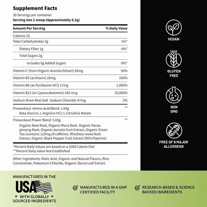 Snap Supplements Beet Root Powder Natural Pre Workout for Men Women, 30 SRV | Plant-Based Energy, Nitric Oxide , Blood Flow, & Endurance Support - Clean Pre Workout for Active Adults, Vegan, Sugar-Free