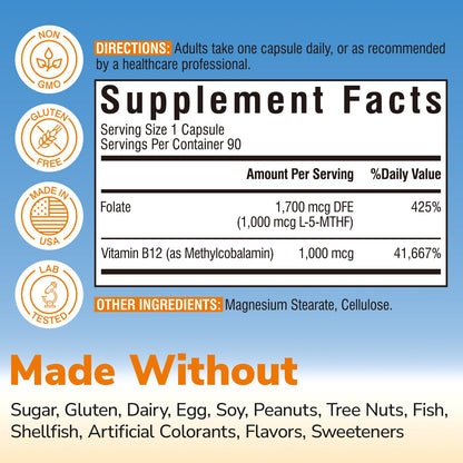 Vitalibre Methyl Folate 1000 mcg, L-5-MTHF with Methylcobalamin B12, Heart & Blood Health, Healthy Nervous System, Energy Support, Vegan, Bioactive Form, Best Absorption, 60 Capsules