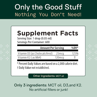 Adapt Naturals Vitamin D3 K2 1000 IU & MCT Oil Supplement (600 Servings) | Bioavailable Highly Absorbable Liquid Formula, Overcome Vitamin D Deficiency, Support Immune & Metabolic Health - 1 FL Oz