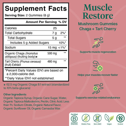Charlotte's Web Muscle Restore Mushroom Gummies for Adults — Chaga & Tart Cherry Supplement for Muscle Recovery and Fatigue — Vegan, Kosher, Non-GMO (Dark Cherry Flavor, 30 Servings)