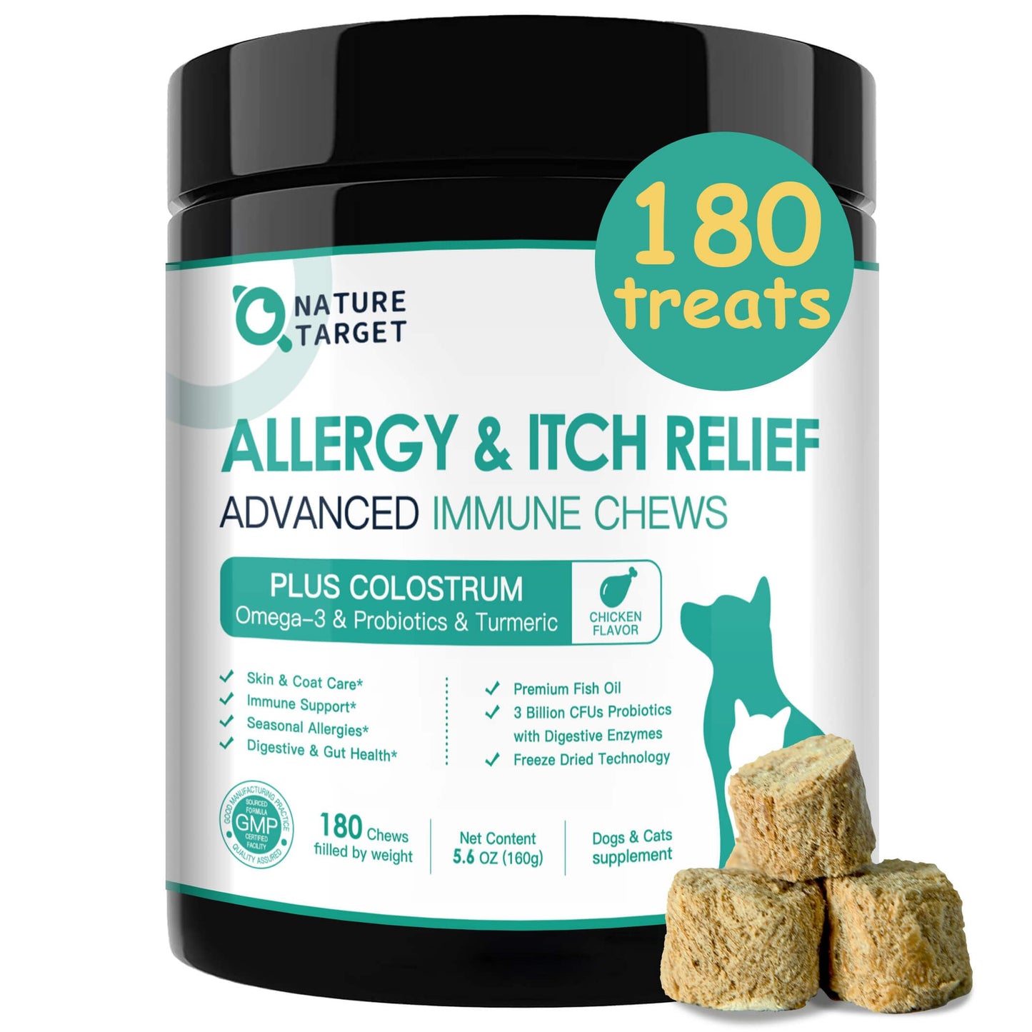 NATURE TARGET Dog Allergy Chews, Skin & Gut, Real Chicken, Freeze-Dried | Probiotics & Colostrum, Omega 3, Soothes Hot Spots, Stops Paw Licking, Digestive Health, Daily Immune Support, 120 Chews