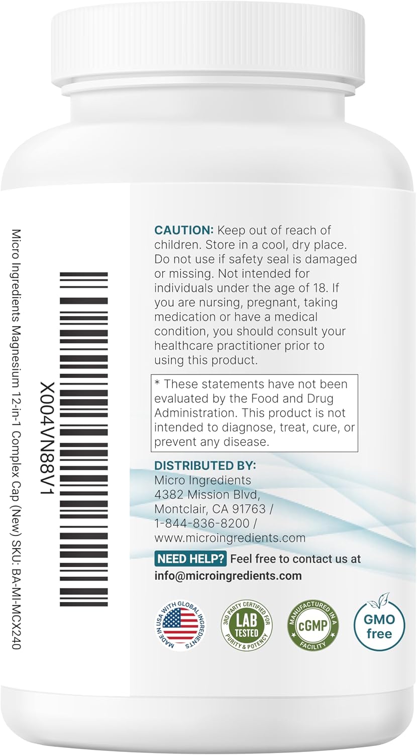 Micro Ingredients 12‑in‑1 Magnesium Complex 1000 mg, 240 Capsules – Magnesium Glycinate, Citrate, Taurate, Malate & More – High Absorption Formula for Men & Women – Chelated & Purified