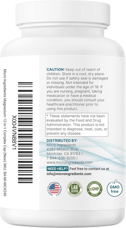 Micro Ingredients 12‑in‑1 Magnesium Complex 1000 mg, 240 Capsules – Magnesium Glycinate, Citrate, Taurate, Malate & More – High Absorption Formula for Men & Women – Chelated & Purified