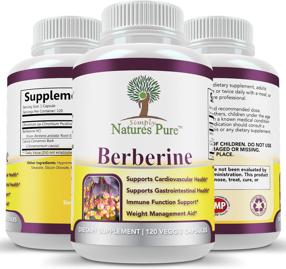Simply Natures Pure Premium Berberine HCl 500mg - 120 Capsules - Cardiovascular Gastrointestinal Immune Support - Chromium Cinnamon
