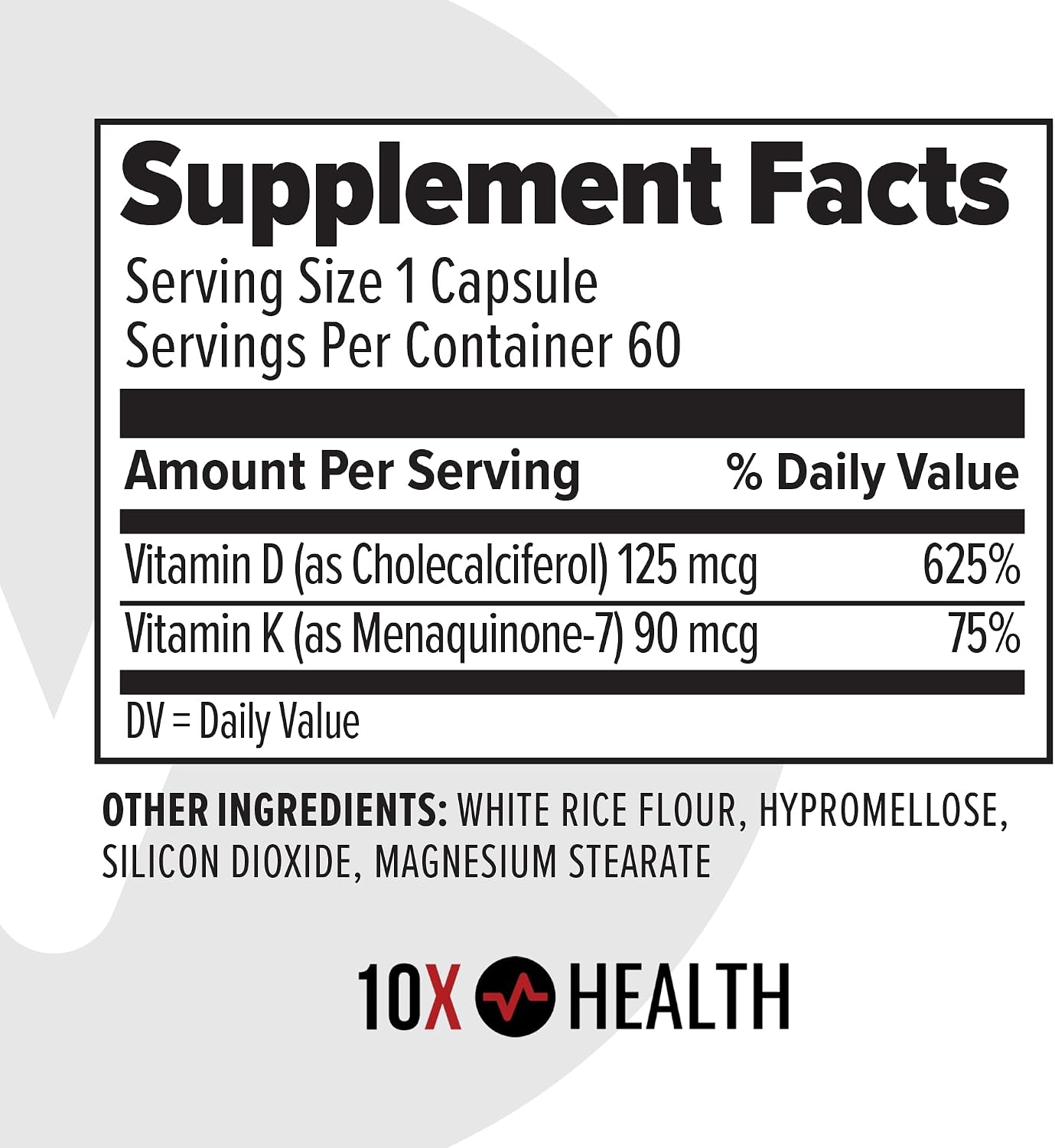 10X Health Vitamin D3 K2-60 Capsules | Vitamin K2 Mk7: 5000 IU Vitamin D3, Bone, Heart & Teeth Support, 60 Capsules