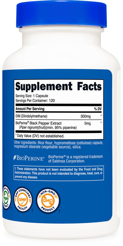 Nutricost DIM (Diindolylmethane) Plus BioPerine 300mg, 120 Vegetarian Capsules - Up to 4 Month Supply, Max Strength DIM Supplement