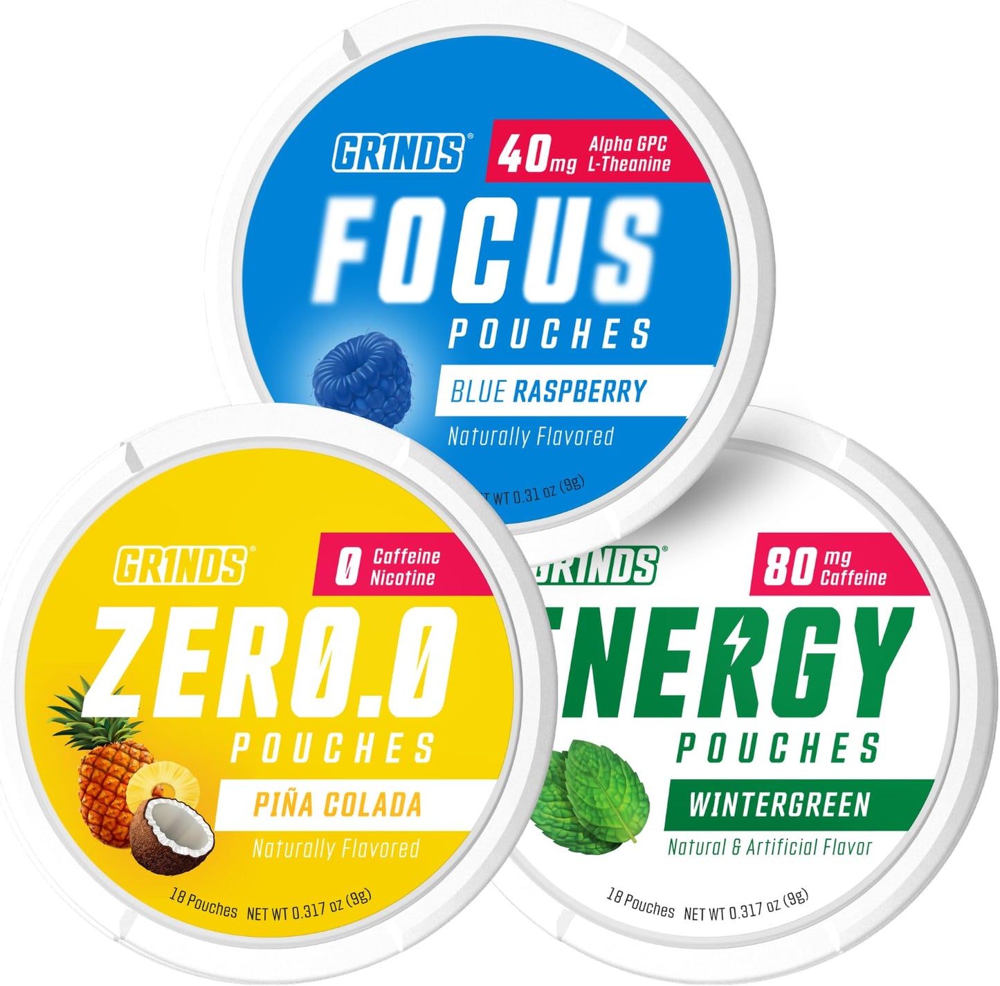 GRINDS Focus Pouches | Naturally Flavored with Nootropic Ingredients | Contains Alpha GPC and L-Theanine | Sugar-Free | 3 Pack | 18 Pouches Per Can | Blue Raspberry