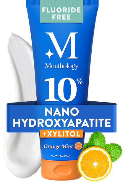Mouthology 10% Nano Hydroxyapatite Toothpaste Fluoride Free, Whitening*, Rod Shaped nHA, Xylitol Toothpaste for Adults, Enamel Care*, Sensitive Teeth*, SLS Free, Mint 4oz (USA Made) Package May Vary